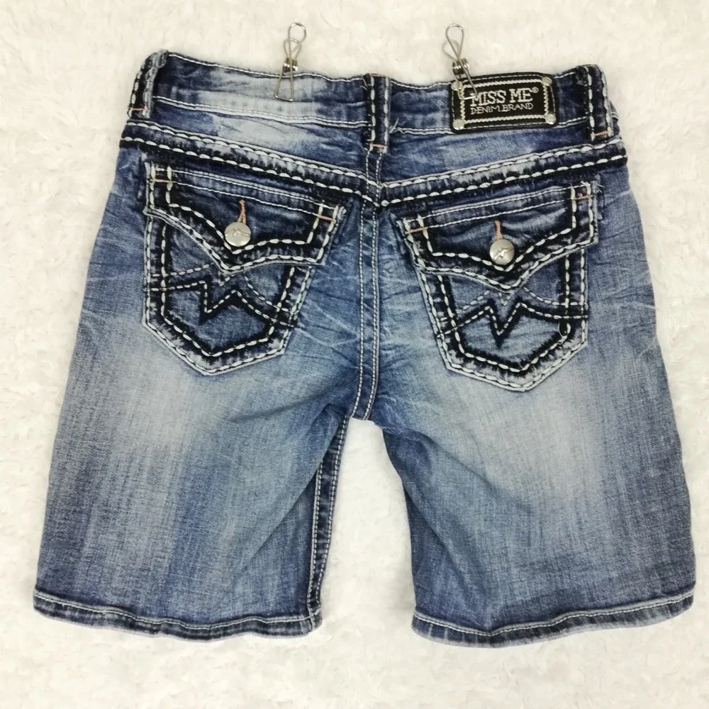 Miss Me Womens Shorts Boyfriend Blue Denim Flap Pocket Stone Wash 25
